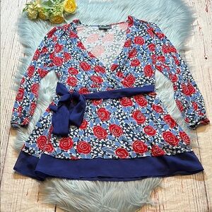 Modcloth Rose Pattern Faux Wrap Long Sleeve Top sz XS